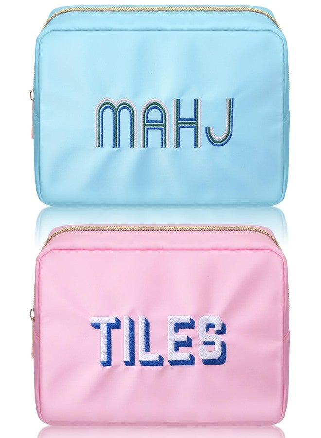 SilTriangle 2 Pcs Empty Mahjong Tile Bag American Blue Pink Mahjong Case Nylon Waterproof Zippered Storage Tile Holder Rack Bag for Game Party Gift Travel, Case Only - Image 1